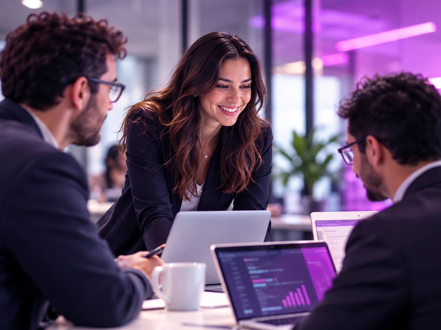 Equipo conversando en un espacio de trabajo con herramientas digitales.