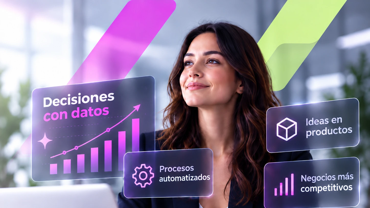 Imagen conceptual de una profesional y conceptos visuales sobre decisiones con datos, productos y procesos; no representa integrantes de Itnovax