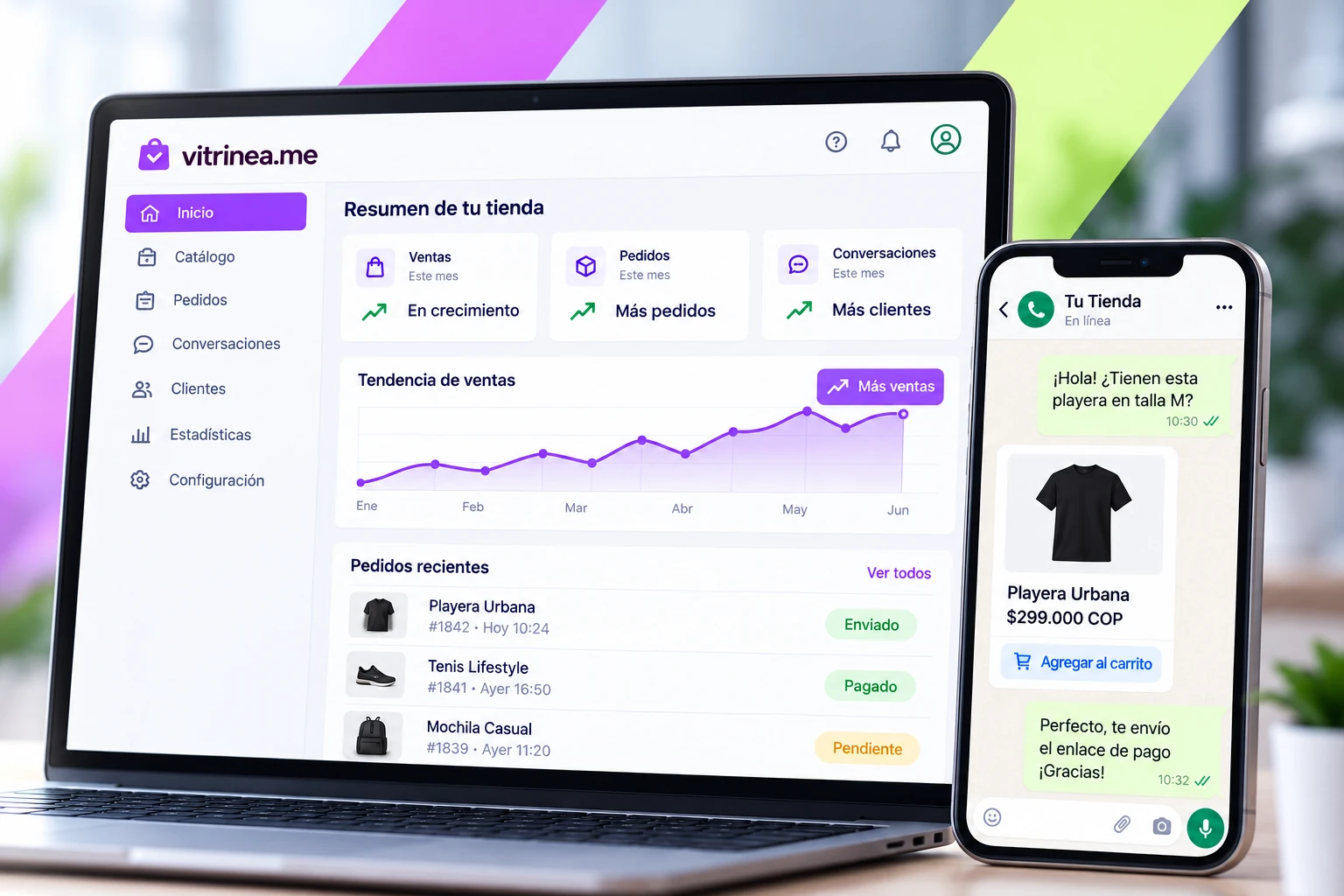 Representación conceptual de Vitrinea.me en computador y teléfono, con catálogo, pedidos y atención por WhatsApp.