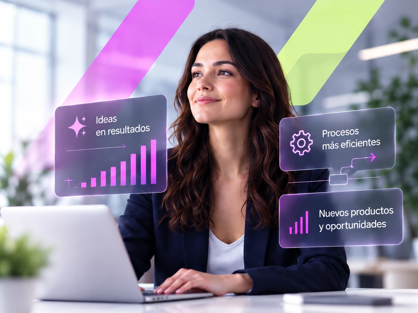 Profesional trabajando con inteligencia artificial, procesos y productos digitales integrados.